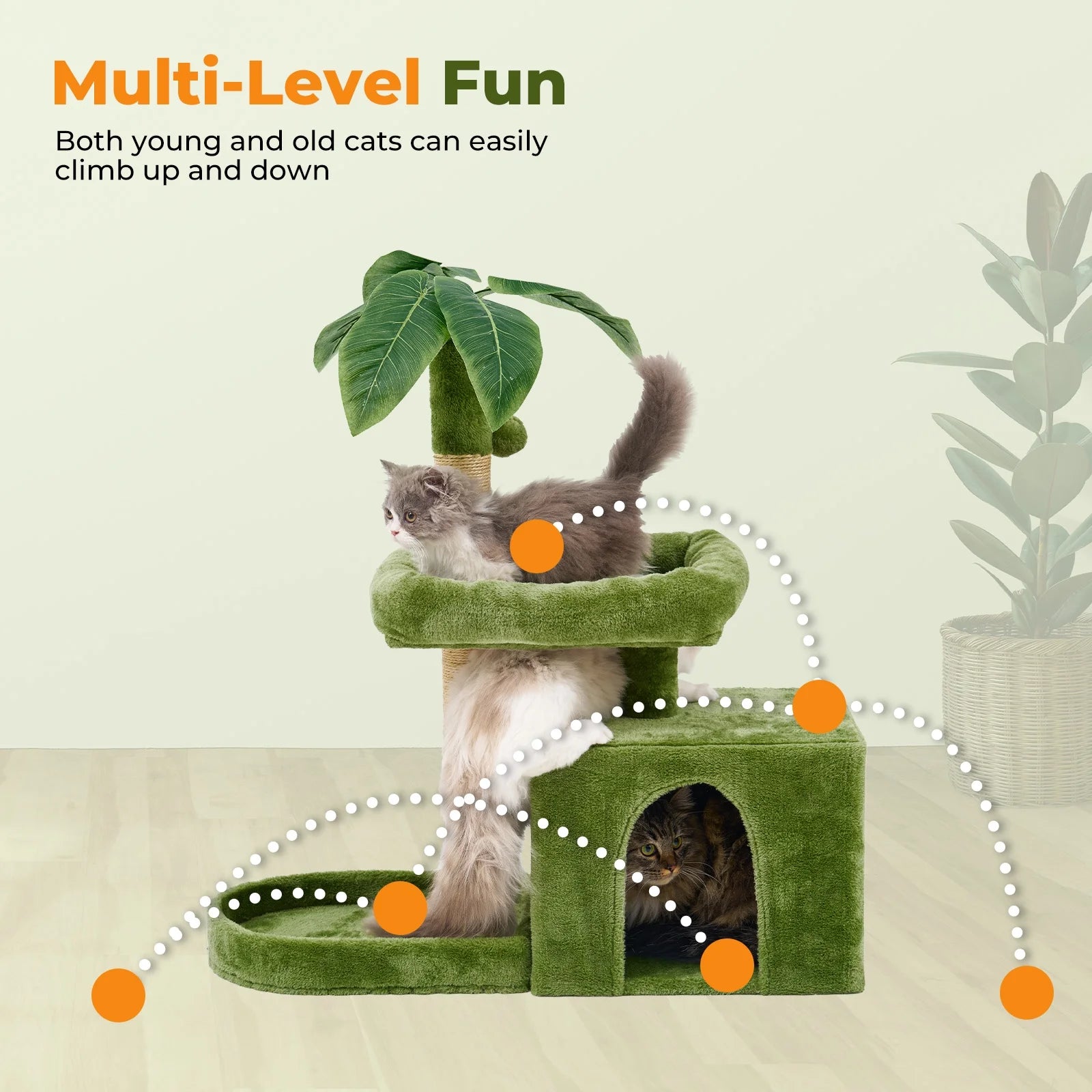 31.5" Cat Tree Cat Tower for Indoor Cats with Green Leaves, Cat Condo Cozy Plush Cat House with Hang Ball and Leaf Shape Design, Cat Furniture Pet House with Cat Scratching Posts, Green